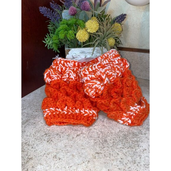 Handmade Accessories - Handmade Hand Knit Orange 70’s Print Yarn Knit Hand Warmers Fingerless Gloves